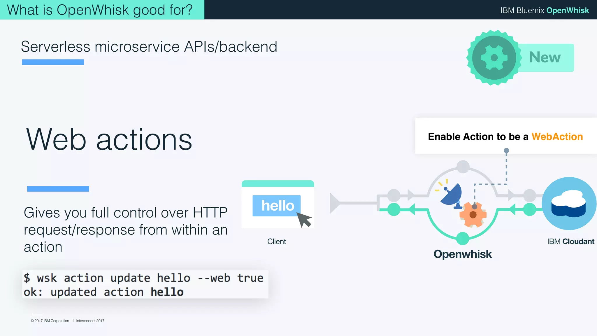 © 2017 IBM Corporation l Interconnect 2017
IBM Bluemix OpenWhisk
Gives you full control over HTTP
request/response from within an
action
New
Web actions
Serverless microservice APIs/backend
What is OpenWhisk good for?
Another way to invoke an action is via
our newest web action capabilities.
Those OpenWhisk actions quickly
enable you to build web based
applications. Allowing backend logic
which your web application can
access  anonymously without requiring
an OpenWhisk authentication key. It is
up to the action developer to
hello
Client
Openwhisk
IBM Cloudant
Enable Action to be a WebAction
 