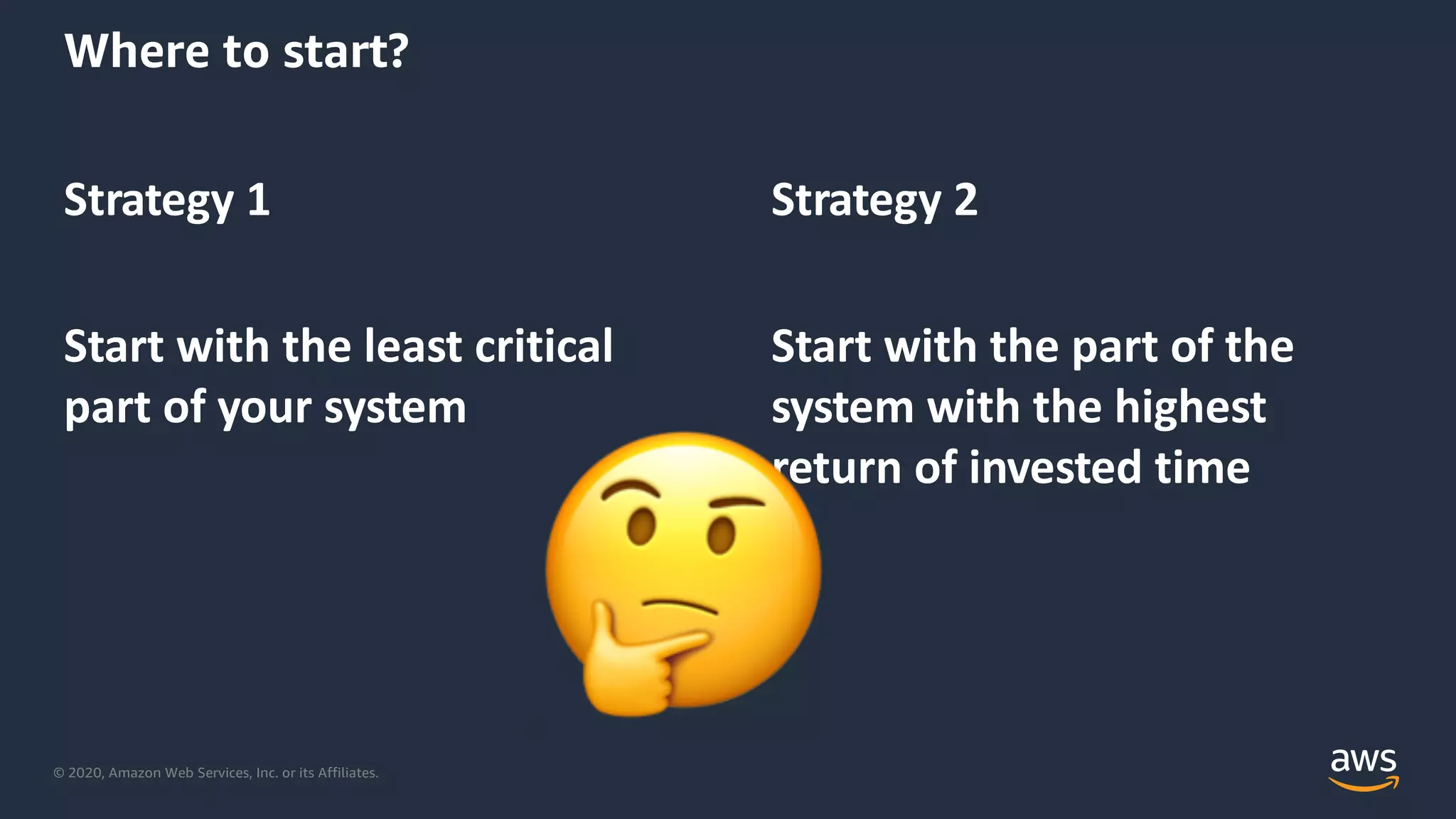 © 2020, Amazon Web Services, Inc. or its Affiliates.
Where to start?
Strategy 1
Start with the least critical
part of your system
Strategy 2
Start with the part of the
system with the highest
return of invested time
🤔
 
