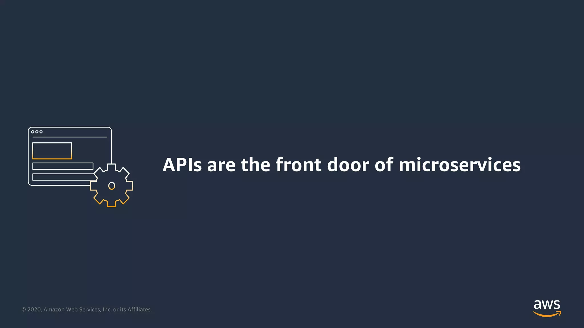© 2020, Amazon Web Services, Inc. or its Affiliates.
APIs are the front door of microservices
 