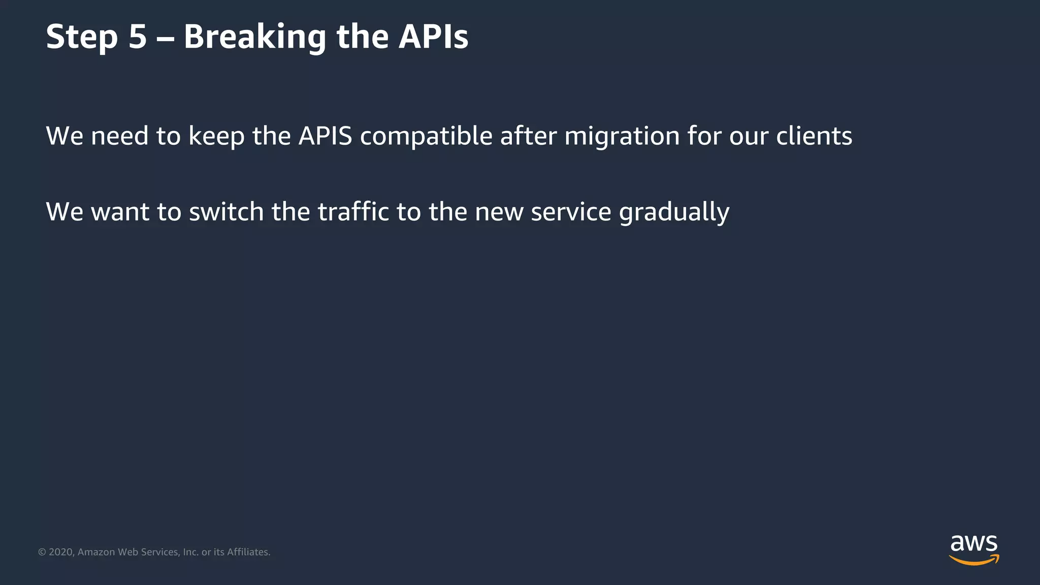© 2020, Amazon Web Services, Inc. or its Affiliates.
Step 5 – Breaking the APIs
We need to keep the APIS compatible after migration for our clients
We want to switch the traffic to the new service gradually
 