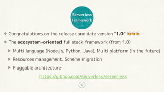 Serverless
Framework
14
Congratulations on the release candidate version “1.0” 🍻🍻🍻
The ecosystem-oriented full stack framework (from 1.0)
Multi language (Node.js, Python, Java), Multi platform (in the future)
Resources management, Scheme migration
Pluggable architecture
https://github.com/serverless/serverless
 