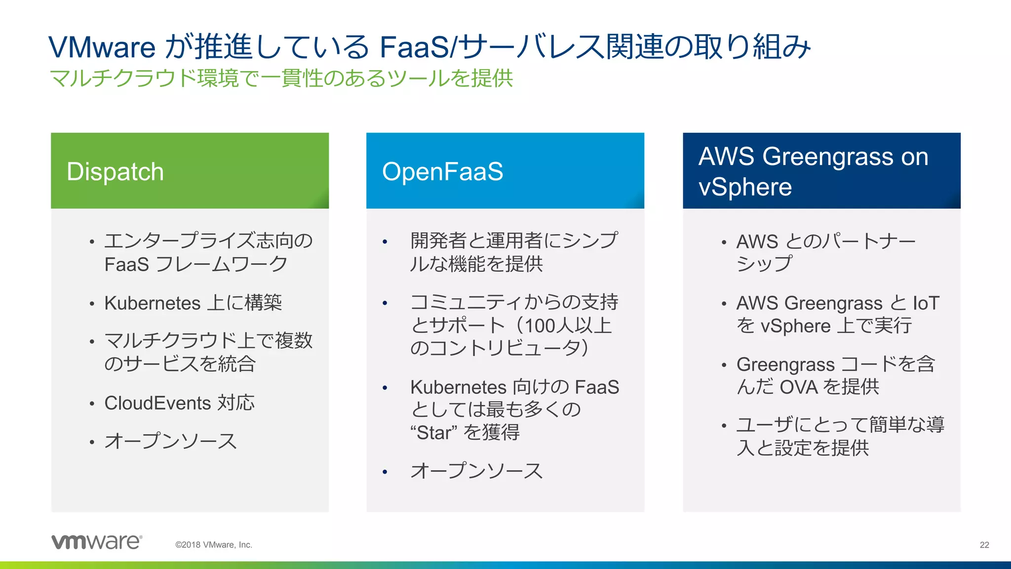 22©2018 VMware, Inc.
• エンタープライズ志向の
FaaS フレームワーク
• Kubernetes 上に構築
• マルチクラウド上で複数
のサービスを統合
• CloudEvents 対応
• オープンソース
• 開発者と運用者にシンプ
ルな機能を提供
• コミュニティからの支持
とサポート（100人以上
のコントリビュータ）
• Kubernetes 向けの FaaS
としては最も多くの
“Star” を獲得
• オープンソース
• AWS とのパートナー
シップ
• AWS Greengrass と IoT
を vSphere 上で実行
• Greengrass コードを含
んだ OVA を提供
• ユーザにとって簡単な導
入と設定を提供
VMware が推進している FaaS/サーバレス関連の取り組み
マルチクラウド環境で一貫性のあるツールを提供
Dispatch OpenFaaS
AWS Greengrass on
vSphere
 