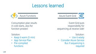 Lessons learned
Azure Functions Azure Event Grid
Consumption plan results
in cold starts, also for
function proxies!
Solution:
• Keep it warm (5 min)
• App Service Plan
• Pre-compiled
functions
Event Grid puts
responsibility for
sequencing at receive side!
Solution:
• Use it wisely
• Consider Azure Service
Bus if sequencing is
required
 