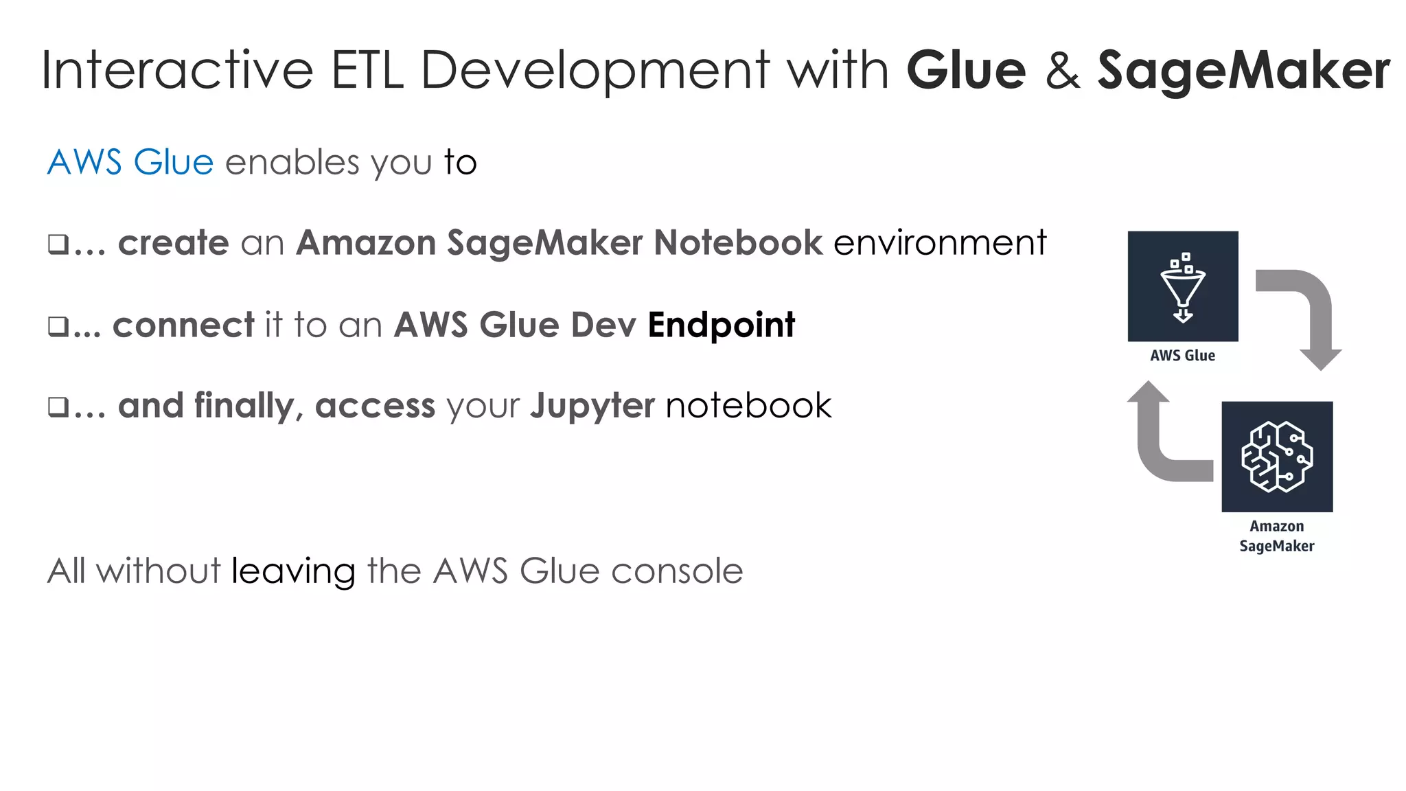 Interactive ETL Development with Glue & SageMaker
AWS Glue enables you to
q… create an Amazon SageMaker Notebook environment
q... connect it to an AWS Glue Dev Endpoint
q… and finally, access your Jupyter notebook
All without leaving the AWS Glue console
 