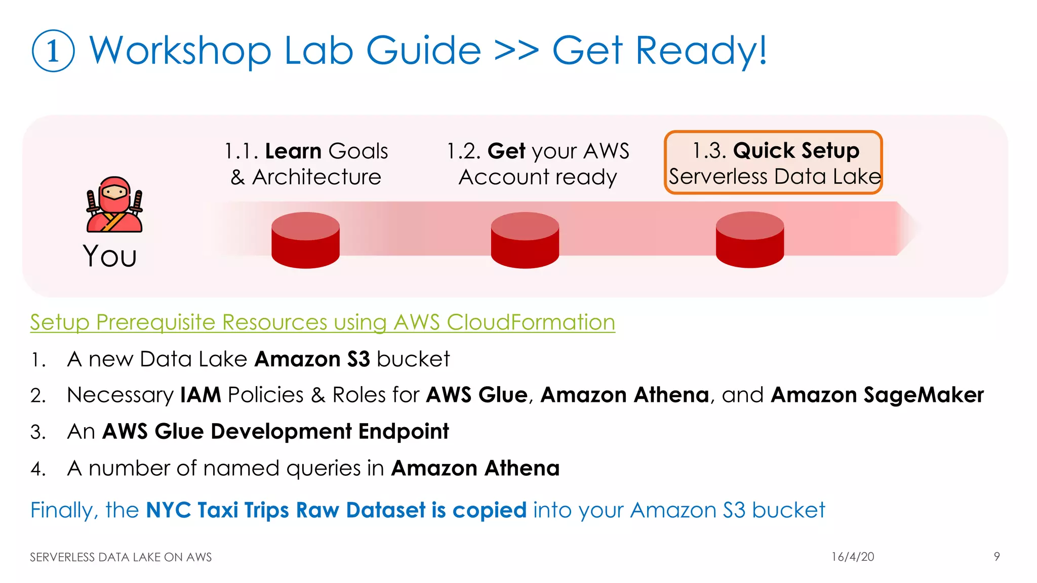 ① Workshop Lab Guide >> Get Ready!
Setup Prerequisite Resources using AWS CloudFormation
1. A new Data Lake Amazon S3 bucket
2. Necessary IAM Policies & Roles for AWS Glue, Amazon Athena, and Amazon SageMaker
3. An AWS Glue Development Endpoint
4. A number of named queries in Amazon Athena
Finally, the NYC Taxi Trips Raw Dataset is copied into your Amazon S3 bucket
SERVERLESS DATA LAKE ON AWS 16/4/20 9
 