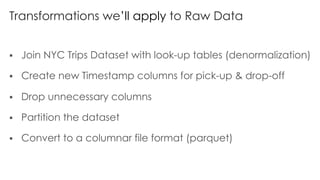 Transformations we’ll apply to Raw Data
§ Join NYC Trips Dataset with look-up tables (denormalization)
§ Create new Timestamp columns for pick-up & drop-off
§ Drop unnecessary columns
§ Partition the dataset
§ Convert to a columnar file format (parquet)
 
