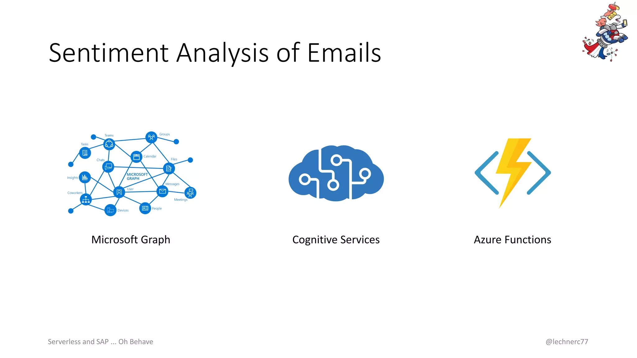 Sentiment Analysis of Emails
Serverless and SAP ... Oh Behave @lechnerc77
Microsoft Graph Cognitive Services Azure Functions
 