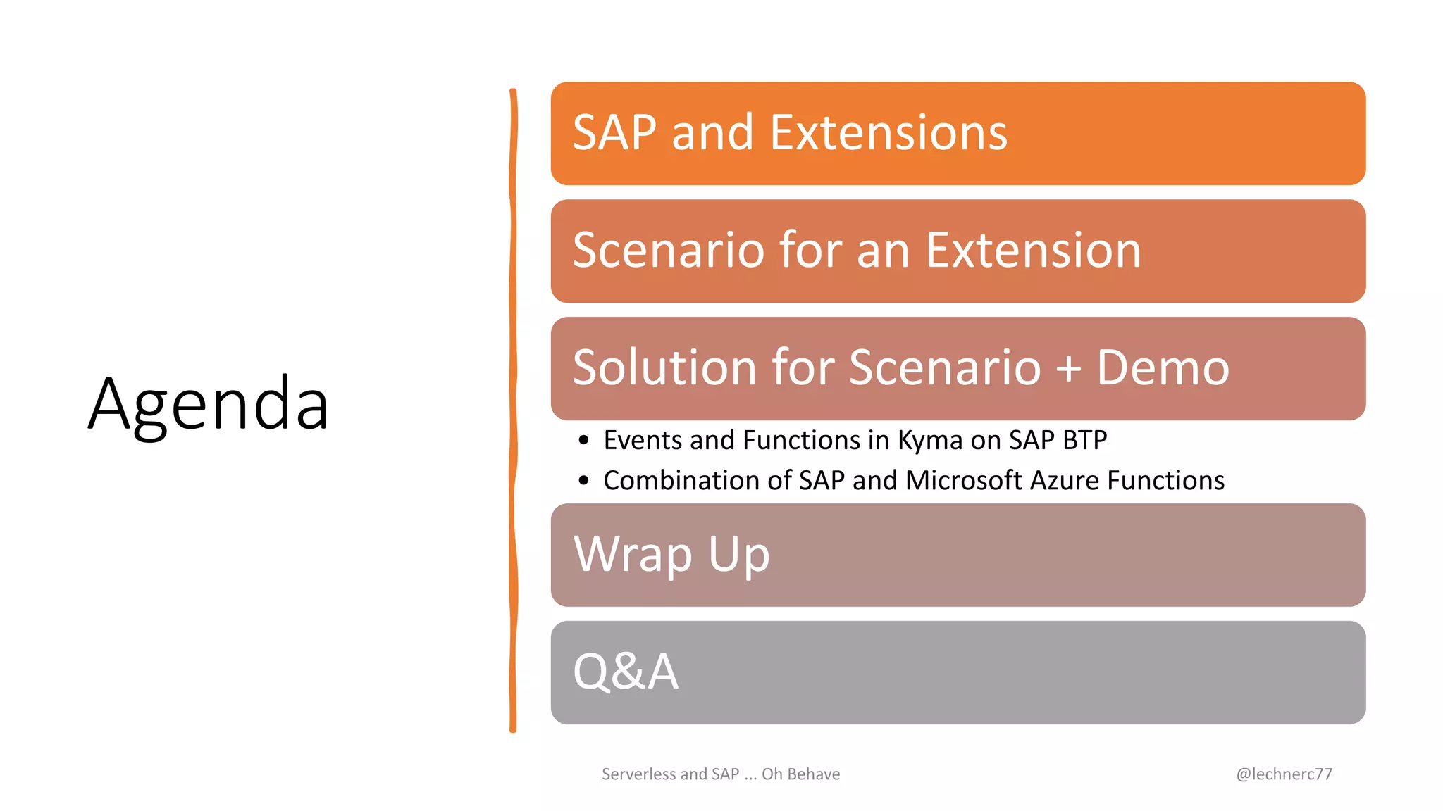 Agenda
Serverless and SAP ... Oh Behave @lechnerc77
SAP and Extensions
Scenario for an Extension
Solution for Scenario + Demo
• Events and Functions in Kyma on SAP BTP
• Combination of SAP and Microsoft Azure Functions
Wrap Up
Q&A
 