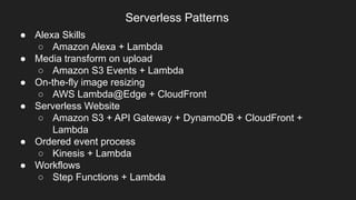 ● Alexa Skills
○ Amazon Alexa + Lambda
● Media transform on upload
○ Amazon S3 Events + Lambda
● On-the-fly image resizing
○ AWS Lambda@Edge + CloudFront
● Serverless Website
○ Amazon S3 + API Gateway + DynamoDB + CloudFront +
Lambda
● Ordered event process
○ Kinesis + Lambda
● Workflows
○ Step Functions + Lambda
Serverless Patterns
 