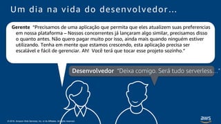 © 2018, Amazon Web Services, Inc. or its Affiliates. All rights reserved.
Um dia na vida do desenvolvedor…
Gerente “Precisamos de uma aplicação que permita que eles atualizem suas preferencias
em nossa plataforma – Nossos concorrentes já lançaram algo similar, precisamos disso
o quanto antes. Não quero pagar muito por isso, ainda mais quando ninguém estiver
utilizando. Tenha em mente que estamos crescendo, esta aplicação precisa ser
escalável e fácil de gerenciar. Ah! Você terá que tocar esse projeto sozinho.”
Desenvolvedor “Deixa comigo. Será tudo serverless…”
 