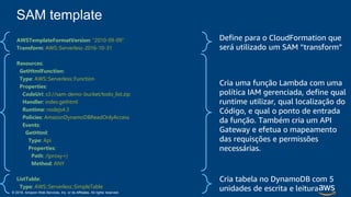© 2018, Amazon Web Services, Inc. or its Affiliates. All rights reserved.
SAM template
Define para o CloudFormation que
será utilizado um SAM “transform”
AWSTemplateFormatVersion: "2010-09-09"
Transform: AWS::Serverless-2016-10-31
Resources:
GetHtmlFunction:
Type: AWS::Serverless::Function
Properties:
CodeUri: s3://sam-demo-bucket/todo_list.zip
Handler: index.gethtml
Runtime: nodejs4.3
Policies: AmazonDynamoDBReadOnlyAccess
Events:
GetHtml:
Type: Api
Properties:
Path: /{proxy+}
Method: ANY
ListTable:
Type: AWS::Serverless::SimpleTable
Cria uma função Lambda com uma
política IAM gerenciada, define qual
runtime utilizar, qual localização do
Código, e qual o ponto de entrada
da função. Também cria um API
Gateway e efetua o mapeamento
das requisções e permissões
necessárias.
Cria tabela no DynamoDB com 5
unidades de escrita e leitura
 