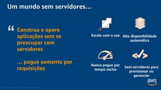 © 2018, Amazon Web Services, Inc. or its Affiliates. All rights reserved.
Um mundo sem servidores…
Construa e opere
aplicações sem se
preocupar com
servidores
… pague somente por
requisições
“ Escale com o uso Alta disponibilidade
automática
Nunca pague por
tempo osciso
Sem servidores para
provisionar ou
gerenciar
 