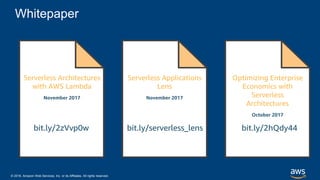 © 2018, Amazon Web Services, Inc. or its Affiliates. All rights reserved.
Whitepaper
Serverless Architectures
with AWS Lambda
November 2017
bit.ly/2zVvp0w
Optimizing Enterprise
Economics with
Serverless
Architectures
October 2017
bit.ly/2hQdy44
Serverless Applications
Lens
November 2017
bit.ly/serverless_lens
 