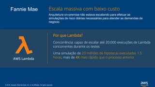 © 2018, Amazon Web Services, Inc. or its Affiliates. All rights reserved.
Por que Lambda?
Concorrência: capaz de escalar até 20.000 execuções de Lambda
concorrentes durante os testes
Uma simulação de 20 milhões de hipotecas executadas 1.5
horas, mais de 4X mais rápido que o processo anterior
Escala massiva com baixo custo
Arquitetura on-premise não estava escalando para efetuar as
simulações de risco diárias necessárias para atender as demandas de
negócio
Fannie Mae
AWS Lambda
 