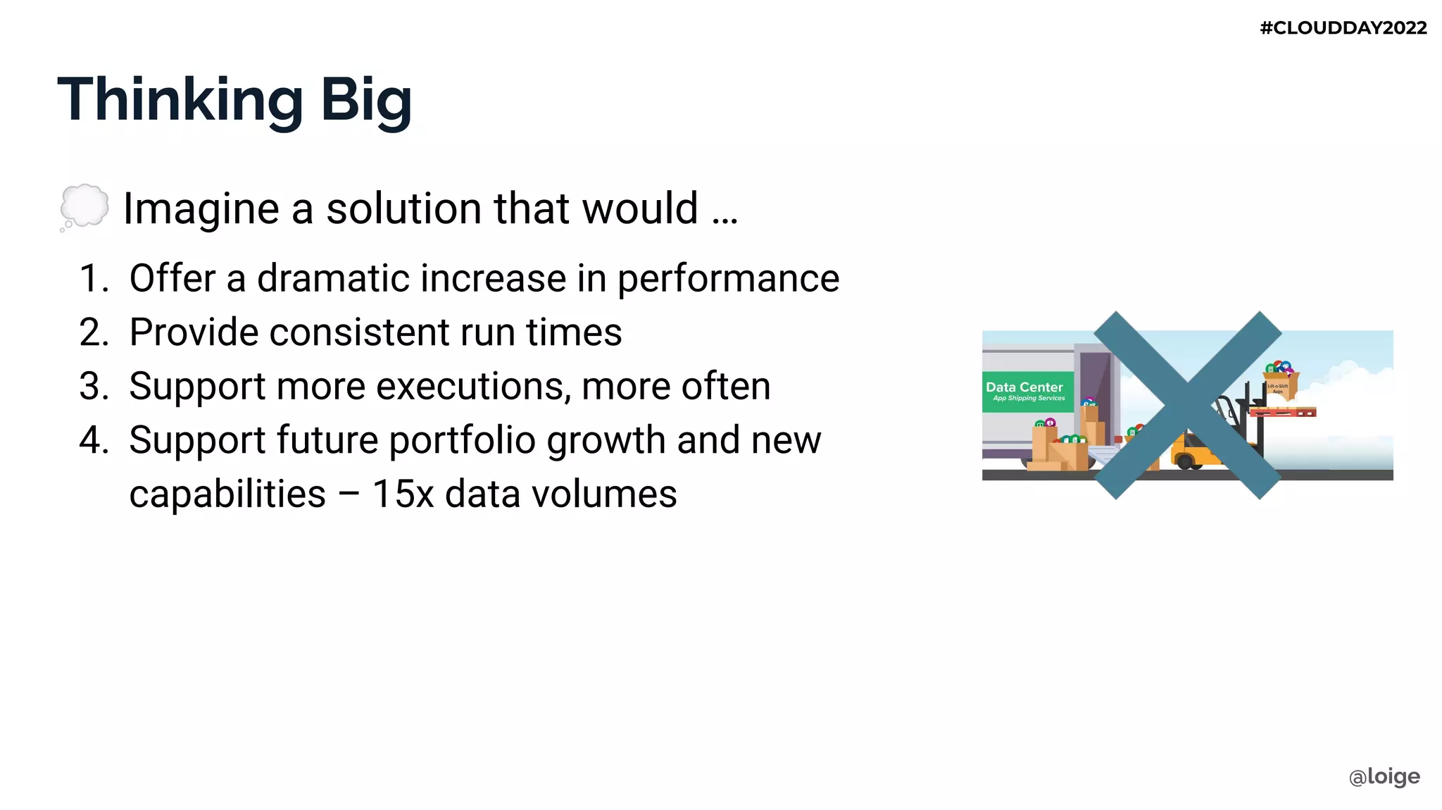 Thinking Big
💭 Imagine a solution that would …
1. Offer a dramatic increase in performance
2. Provide consistent run times
3. Support more executions, more often
4. Support future portfolio growth and new
capabilities – 15x data volumes
@loige
#CLOUDDAY2022
 
