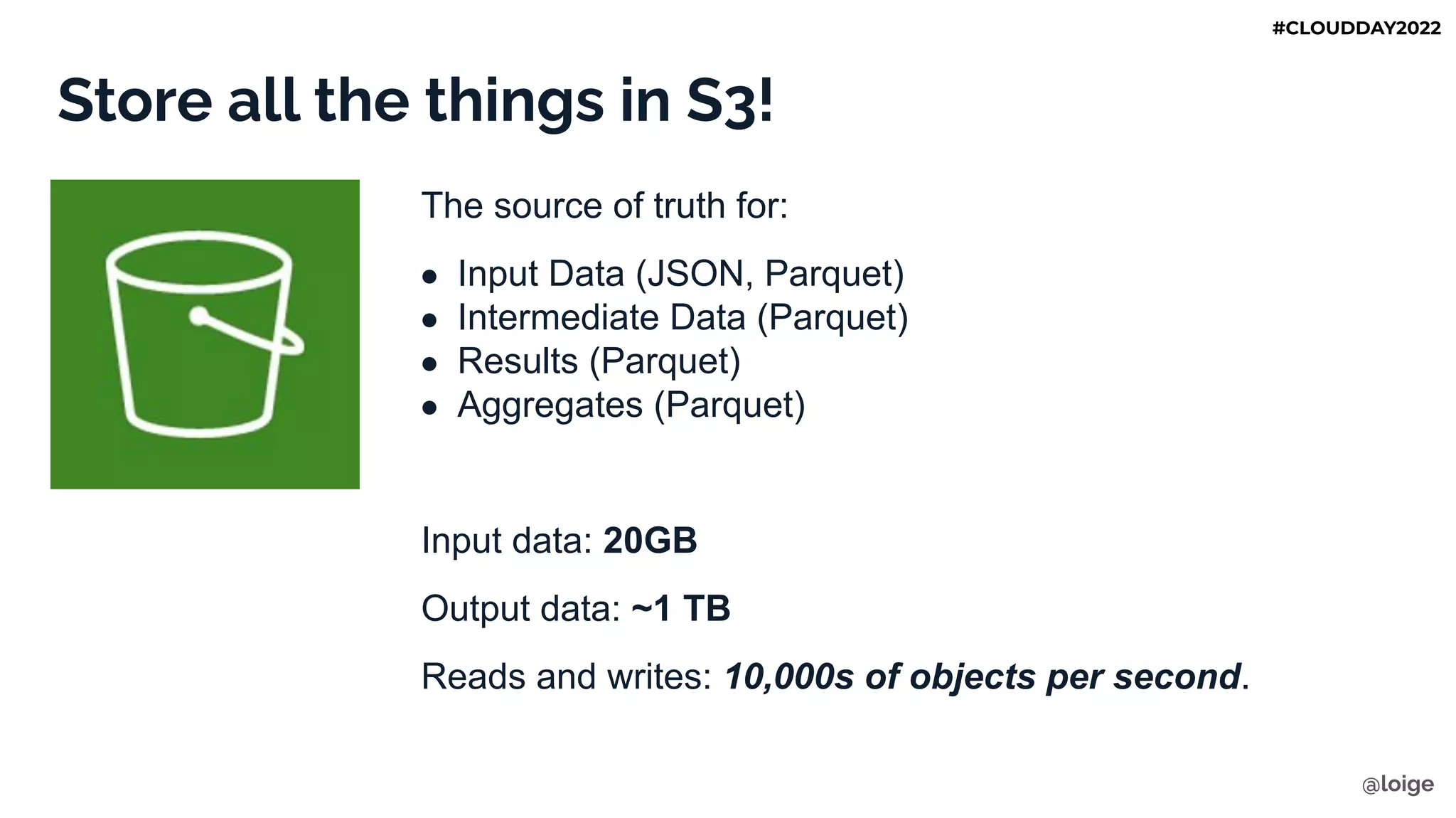 Store all the things in S3!
The source of truth for:
● Input Data (JSON, Parquet)
● Intermediate Data (Parquet)
● Results (Parquet)
● Aggregates (Parquet)
Input data: 20GB
Output data: ~1 TB
Reads and writes: 10,000s of objects per second.
@loige
#CLOUDDAY2022
 