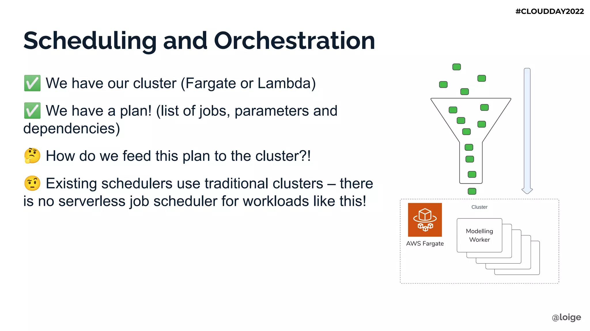 Scheduling and Orchestration
✅ We have our cluster (Fargate or Lambda)
✅ We have a plan! (list of jobs, parameters and
dependencies)
🤔 How do we feed this plan to the cluster?!
🤨 Existing schedulers use traditional clusters – there
is no serverless job scheduler for workloads like this!
@loige
#CLOUDDAY2022
 