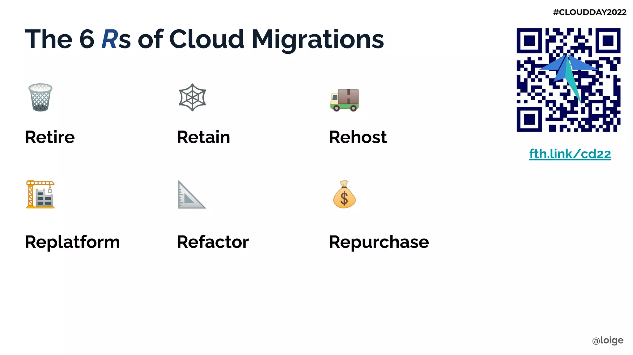 The 6 Rs of Cloud Migrations
🗑 🕸 🚚
Retire Retain Rehost
🏗 📐 💰
Replatform Refactor Repurchase
@loige
#CLOUDDAY2022
fth.link/cd22
 