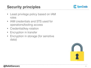 • Least privilege policy based on IAM
roles
• IAM credentials and STS used for
operations/tooling access
• Credential/key rotation
• Encryption in transfer
• Encryption in storage (for sensitive
data)
20
Security principles
@RafalGancarz
 