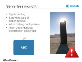 • Tight coupling
• Sprawling web of
dependencies
• All or nothing deployments
• Team dependencies/
coordination challenges
8
Serverless monolith
ABC
API
@RafalGancarz
 