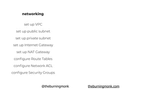 @theburningmonk theburningmonk.com
networking VMs
apply patches
install dependencies
create base AMI
set up auto-scaling
s...