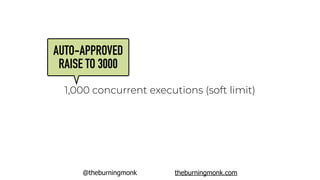 @theburningmonk theburningmonk.com
1,000 concurrent executions (soft limit)
AUTO-APPROVED
RAISE TO 3000
 