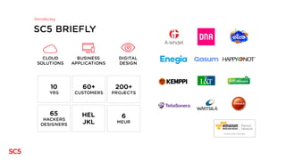 SC5 BRIEFLY
Introducing
CLOUD
SOLUTIONS
BUSINESS
APPLICATIONS
DIGITAL
DESIGN
10
YRS
60+
CUSTOMERS
200+
PROJECTS
HEL
JKL
75
HACKERS
DESIGNERS
6
MEUR
 
