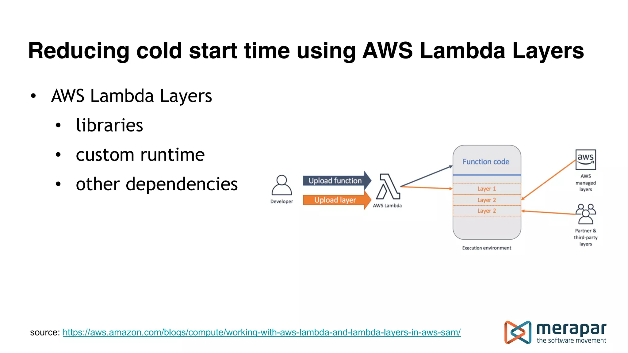 Reducing cold start time using AWS Lambda Layers • AWS Lambda Layers • libraries • custom runtime • other dependencies source: https://aws.amazon.com/blogs/compute/working-with-aws-lambda-and-lambda-layers-in-aws-sam/ 