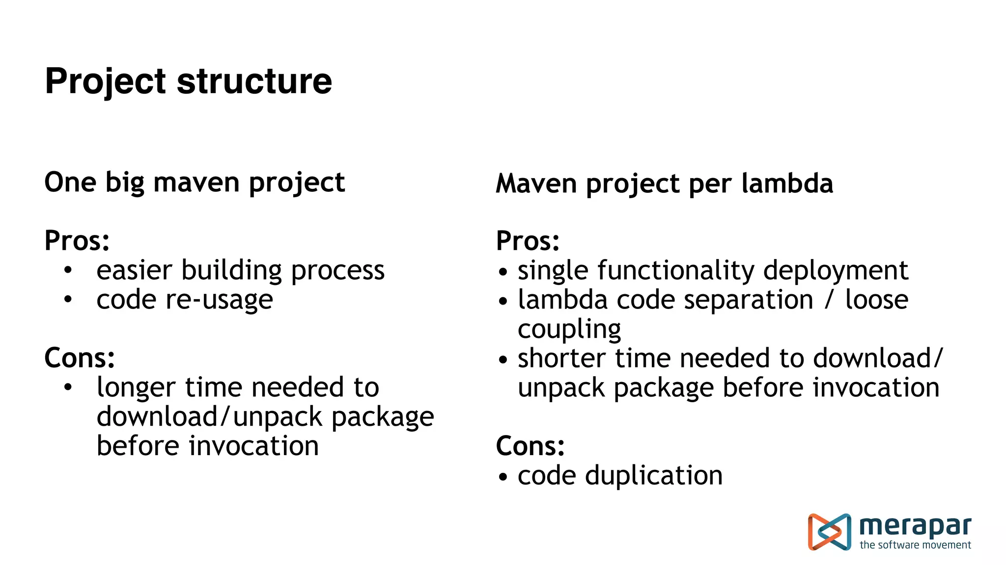 Project structure
 
One big maven project 
 
Pros:
• easier building process
• code re-usage 
Cons:
• longer time needed to  
download/unpack package  
before invocation
 
Maven project per lambda
Pros:
• single functionality deployment
• lambda code separation / loose
coupling
• shorter time needed to download/
unpack package before invocation
Cons:
• code duplication
 