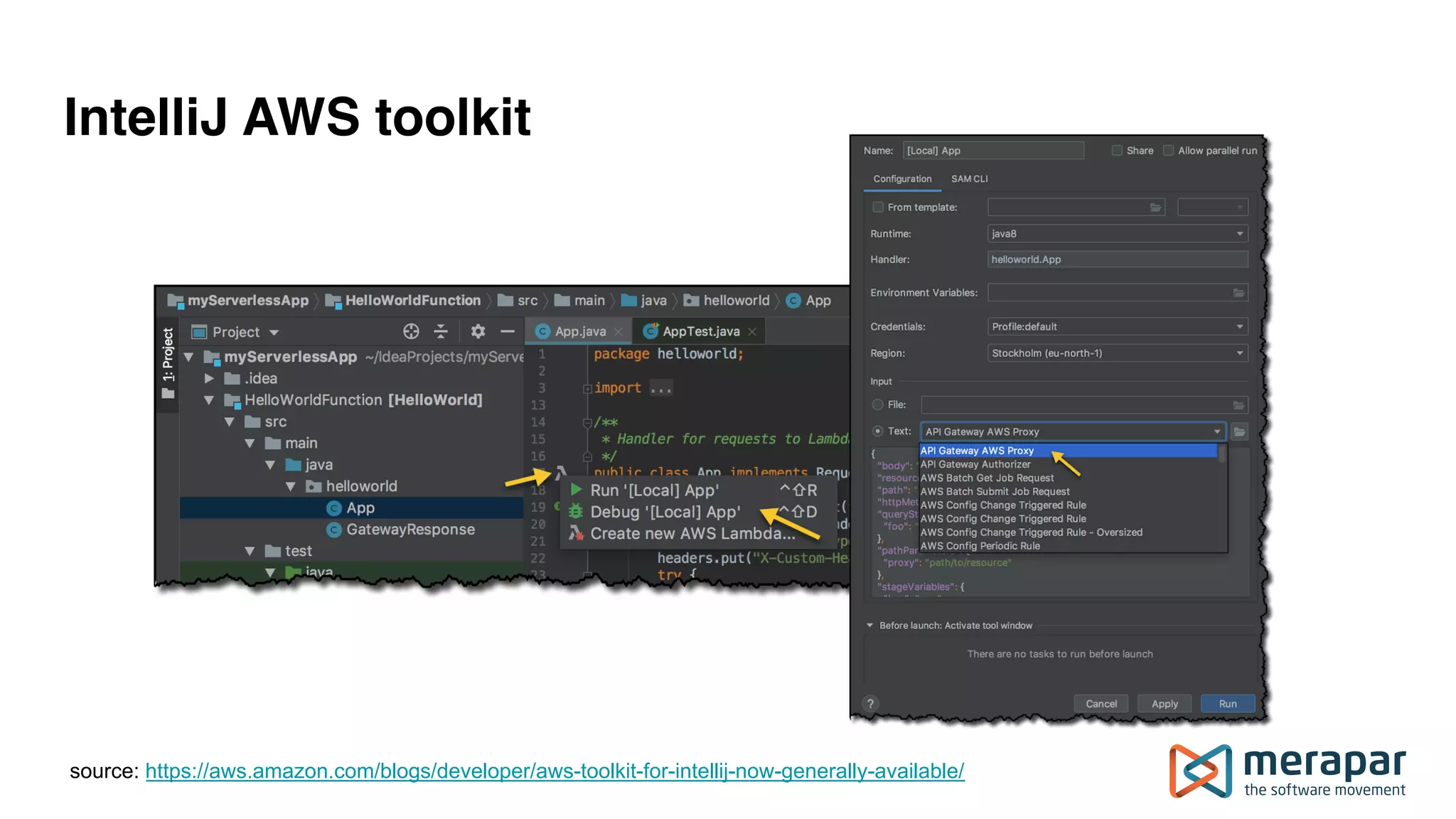 IntelliJ AWS toolkit
source: https://aws.amazon.com/blogs/developer/aws-toolkit-for-intellij-now-generally-available/
 