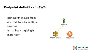 Endpoint definition in AWS
AWS IAM
AWS API Gateway AWS Lambda
• complexity moved from
one codebase to multiple
services
• initial bootstrapping is
more work 
 