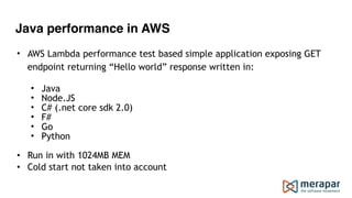 Java performance in AWS
• AWS Lambda performance test based simple application exposing GET
endpoint returning “Hello world” response written in:
• Java
• Node.JS
• C# (.net core sdk 2.0)
• F#
• Go
• Python
• Run in with 1024MB MEM
• Cold start not taken into account
 
