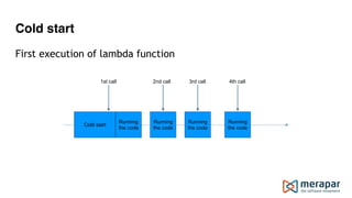 Cold start
1st call
Cold start
Running
the code
Running
the code
Running
the code
Running
the code
2nd call 3rd call 4th call
First execution of lambda function
 