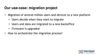 Our use-case: migration project
• Migration of several million users and devices to a new platform
• Users decide when they want to migrate
• Users and data are migrated to a new backoffice
• Firmware is upgraded
• How to orchestrate the migration process? 
 