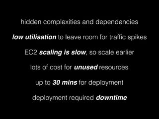 hidden complexities and dependencies
low utilisation to leave room for traffic spikes
EC2 scaling is slow, so scale earlier
lots of cost for unused resources
up to 30 mins for deployment
deployment required downtime
 