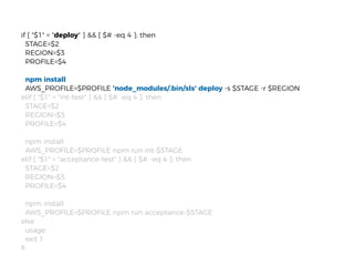 if [ "$1" = "deploy" ] && [ $# -eq 4 ]; then
STAGE=$2
REGION=$3
PROFILE=$4
npm install
AWS_PROFILE=$PROFILE 'node_modules/.bin/sls' deploy -s $STAGE -r $REGION
elif [ "$1" = "int-test" ] && [ $# -eq 4 ]; then
STAGE=$2
REGION=$3
PROFILE=$4
npm install
AWS_PROFILE=$PROFILE npm run int-$STAGE
elif [ "$1" = "acceptance-test" ] && [ $# -eq 4 ]; then
STAGE=$2
REGION=$3
PROFILE=$4
npm install
AWS_PROFILE=$PROFILE npm run acceptance-$STAGE
else
usage
exit 1
ﬁ
 