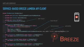 APP API SERVICE
SERVICE-BASED BREEZE LAMBDA API CLIENT
struct FormService: FormServing {
private let apiClient: BreezeLambdaAPIClient<FeedbackForm>
private let session: SessionService
private var token: String? {
session.userSession?.jwtToken
}
init(session: SessionService) {
guard var env = try? APIEnvironment.dev() else {
fatalError("Invalid Environment")
}
env.logger = Logger()
self.session = session
self.apiClient = BreezeLambdaAPIClient<FeedbackForm>(env: env, path: "forms", additionalHeaders: [:])
}
func create(form: FeedbackForm) async throws -> FeedbackForm {
try await apiClient.create(token: token, item: form)
}
func read(key: String) async throws -> FeedbackForm {
try await apiClient.read(token: token, key: key)
}
func update(form: FeedbackForm) async throws -> FeedbackForm {
try await apiClient.update(token: token, item: form)
}
Data Model
Environment API PATH
JWT Token
 
