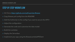 BREEZE WORKFLOW
STEP BY STEP WORKFLOW
▸ Git Clone https://github.com/swift-sprinter/Breeze
▸ Copy Breeze.yml con
fi
g from the README
▸ Add the Authorizer to the con
fi
g if you want to secure the API!!!
▸ Adjust the con
fi
guration
▸ Generate the code and customise the data model
▸ Build the Lambdas
▸ Deploy the Serverless
▸ Implement your app using the BreezeLambdaAPIClient
 
