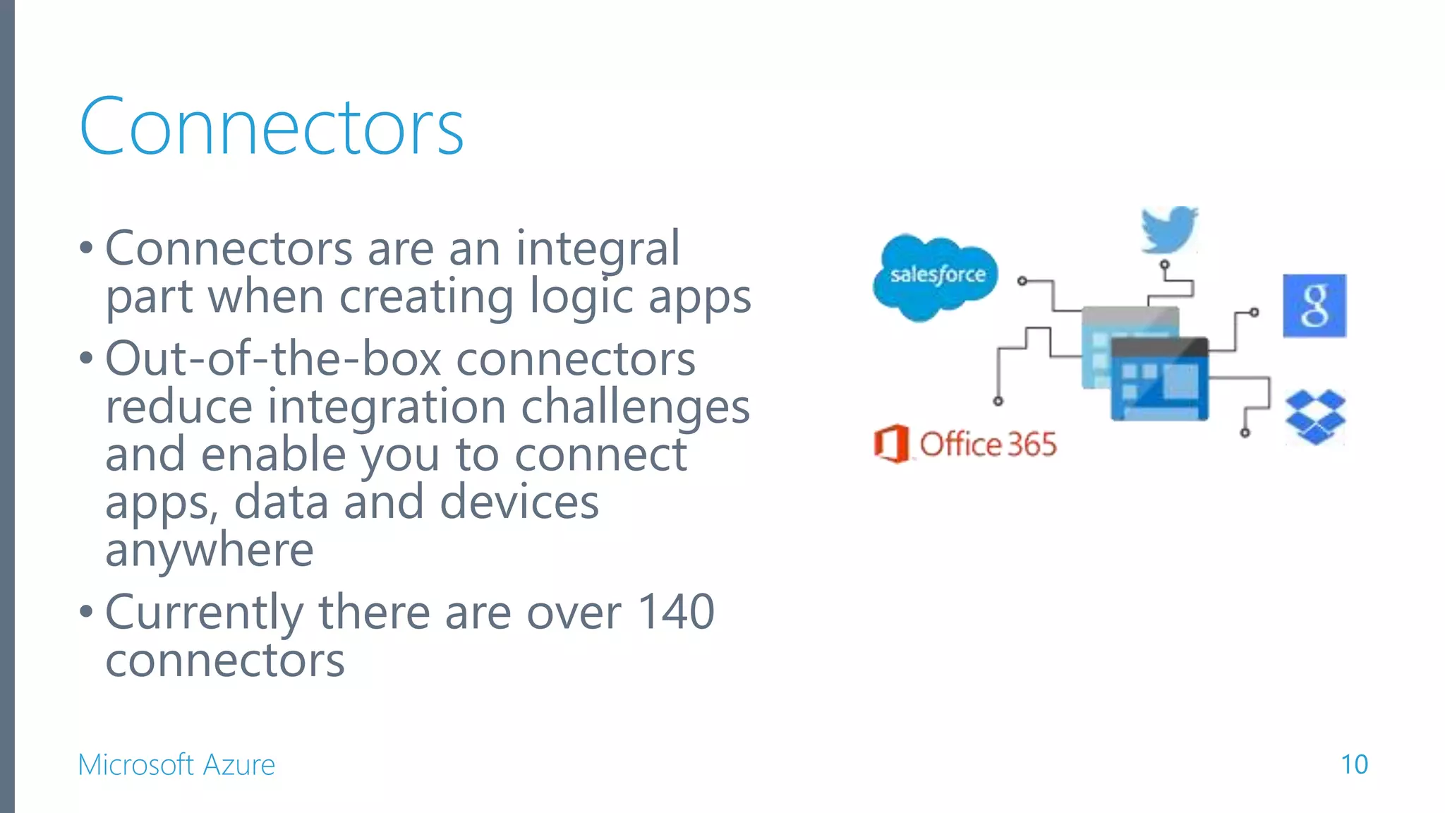 Microsoft Azure Connectors • Connectors are an integral part when creating logic apps • Out-of-the-box connectors reduce integration challenges and enable you to connect apps, data and devices anywhere • Currently there are over 140 connectors 10 