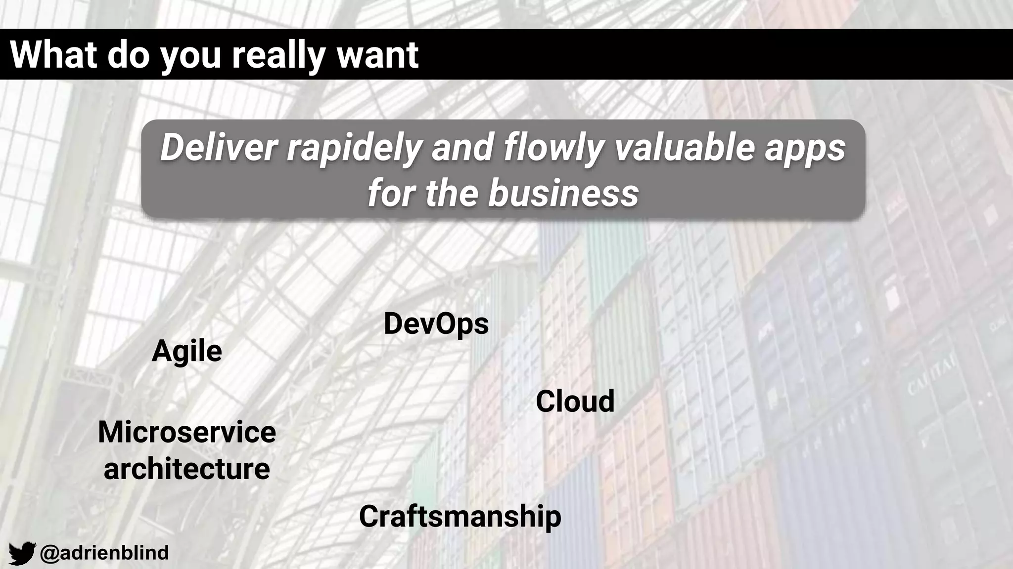 @adrienblind
What do you really want
Cloud
Agile
DevOps
Microservice
architecture
Craftsmanship
Deliver rapidely and flowly valuable apps
for the business
 
