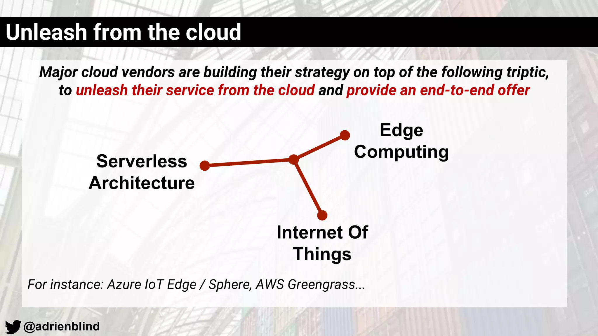 @adrienblind
Major cloud vendors are building their strategy on top of the following triptic,
to unleash their service from the cloud and provide an end-to-end offer
For instance: Azure IoT Edge / Sphere, AWS Greengrass...
Unleash from the cloud
Serverless
Architecture
Edge
Computing
Internet Of
Things
 