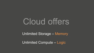 Unlimited Storage – Memory
Unlimited Compute – Logic
Cloud offers
 