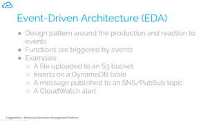 TriggerMesh – Multicloud Serverless Management Platform
Event-Driven Architecture (EDA)
● Design pattern around the production and reaction to
events
● Functions are triggered by events
● Examples
○ A file uploaded to an S3 bucket
○ Inserts on a DynamoDB table
○ A message published to an SNS/PubSub topic
○ A CloudWatch alert
 