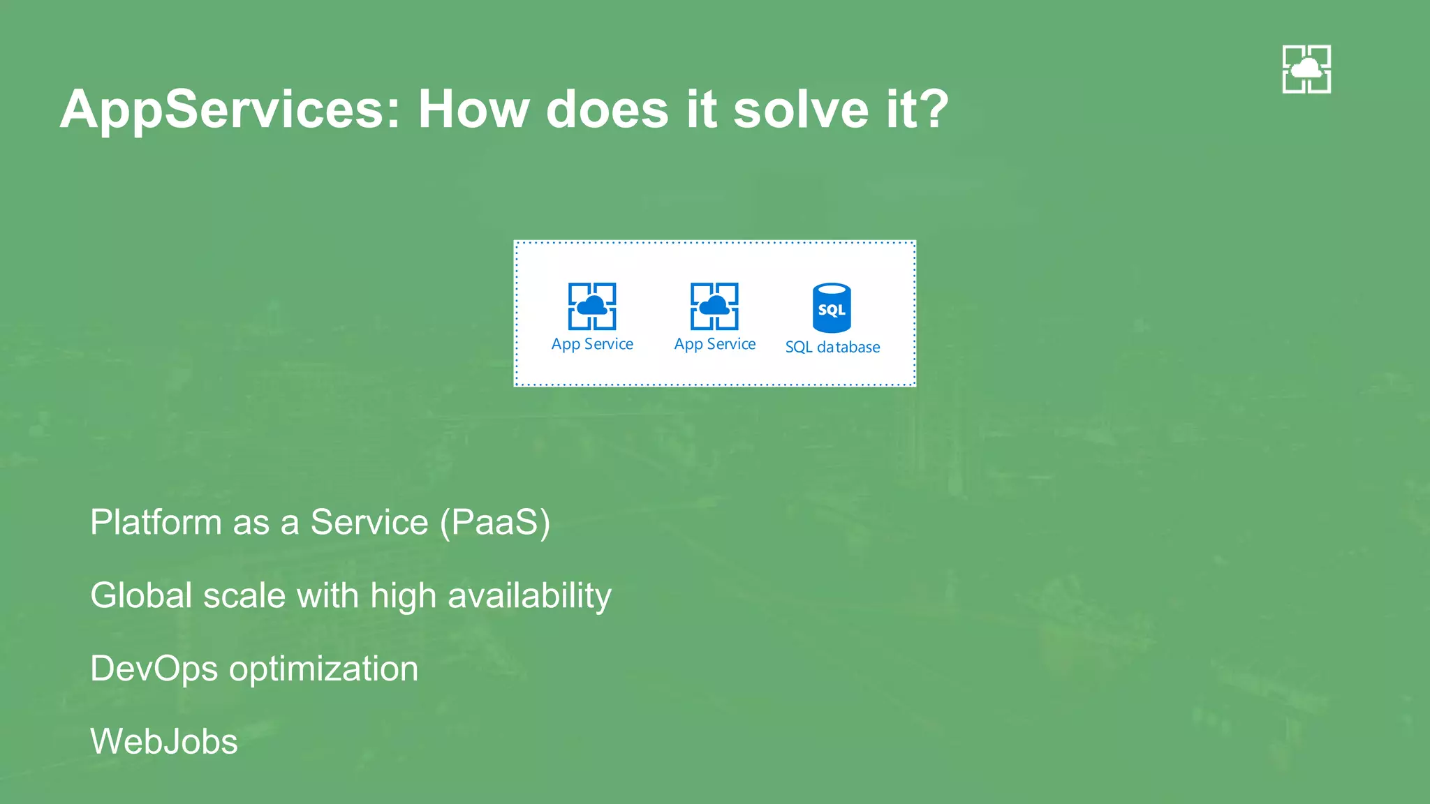 AppServices: How does it solve it?
Platform as a Service (PaaS)
Global scale with high availability
DevOps optimization
WebJobs
SQL databaseApp Service App Service
 