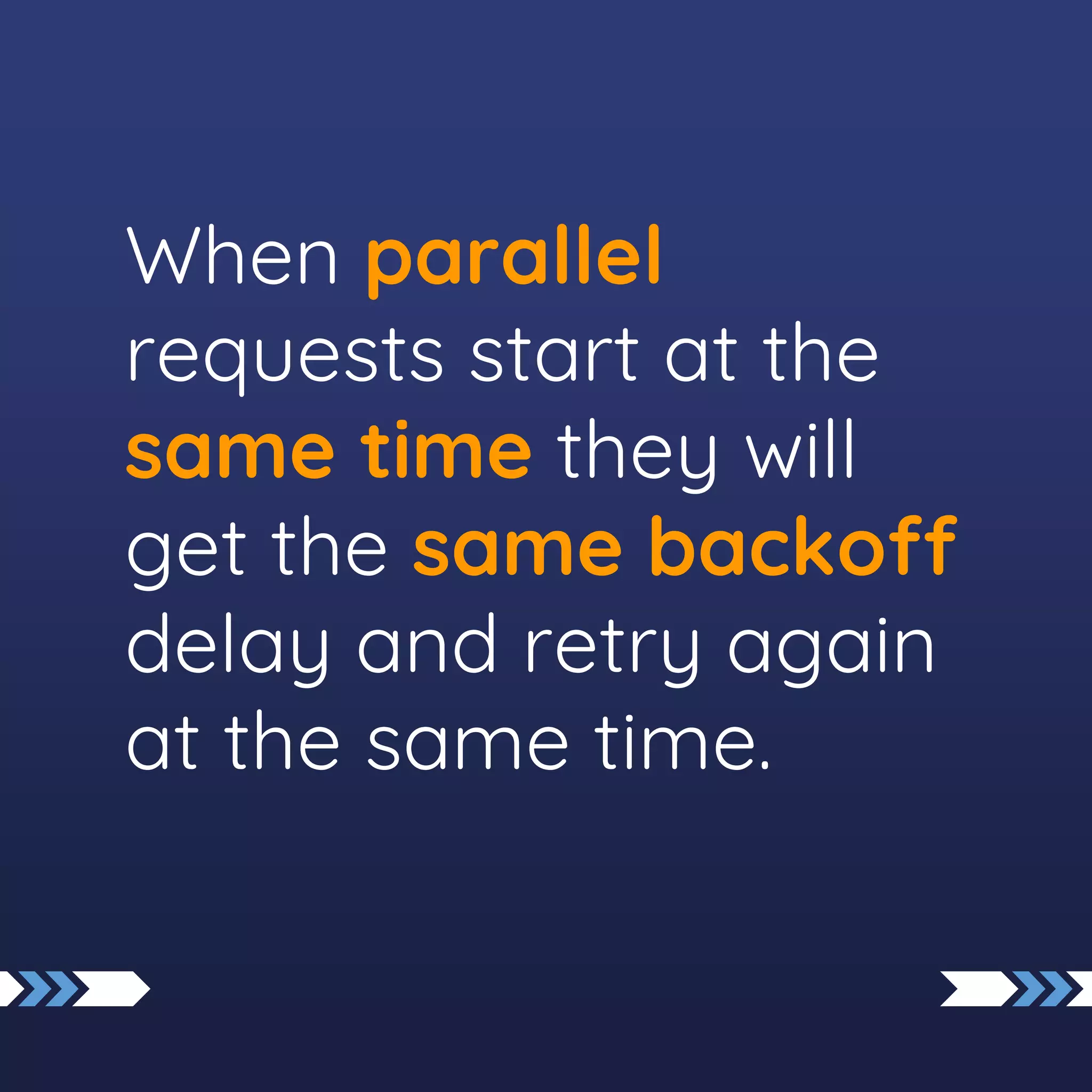When parallel
requests start at the
same time they will
get the same backoff
delay and retry again
at the same time.
 