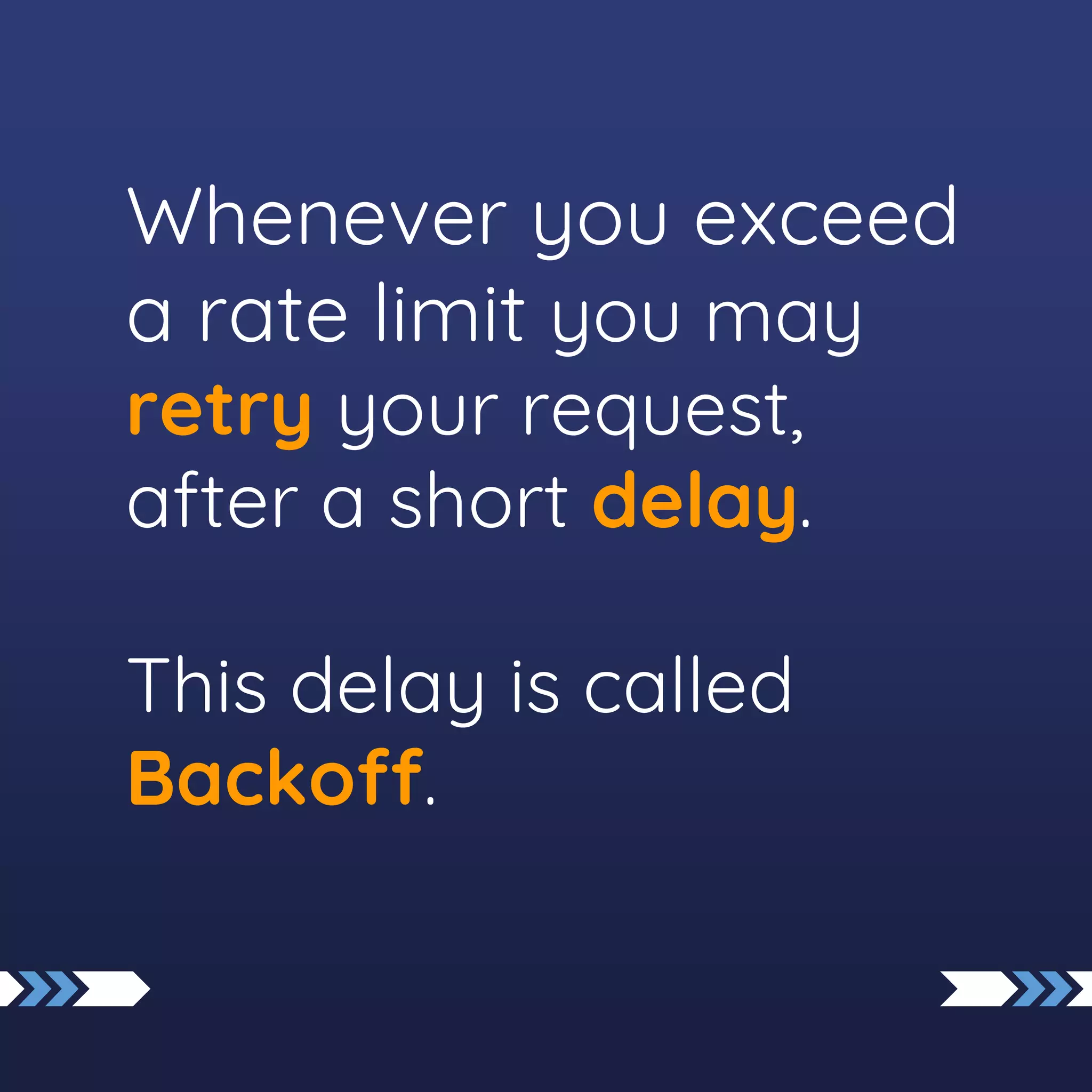 Whenever you exceed
a rate limit you may
retry your request,
after a short delay.
This delay is called
Backoff.
 