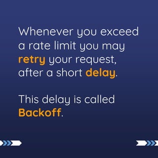 Whenever you exceed
a rate limit you may
retry your request,
after a short delay.
This delay is called
Backoff.
 