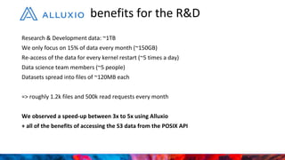 Research & Development data: ~1TB
We only focus on 15% of data every month (~150GB)
Re-access of the data for every kernel restart (~5 times a day)
Data science team members (~5 people)
Datasets spread into files of ~120MB each
=> roughly 1.2k files and 500k read requests every month
We observed a speed-up between 3x to 5x using Alluxio
+ all of the benefits of accessing the S3 data from the POSIX API
benefits for the R&D
 