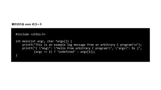 #include	<stdio.h>	
int	main(int	argc,	char	*argv[])	{	
				printf("This	is	an	example	log	message	from	an	arbitrary	C	program!n");	
				printf("{	"msg":	"Hello	from	arbitrary	C	program!",	"args":	%s	}",	
											(argc	==	1)	?	"undefined"	:	argv[1]);	
}
実⾏される exec のコード
 