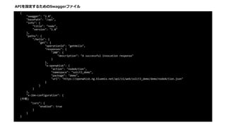 {	
				"swagger":	"2.0",	
				"basePath":	"/api",	
				"info":	{	
								"title":	"node",	
								"version":	"1.0"	
				},	
				"paths":	{	
								"/hello":	{	
												"get":	{	
																"operationId":	"getHello",	
																"responses":	{	
																				"200":	{	
																								"description":	"A	successful	invocation	response"	
																				}	
																},	
																"x-openwhisk":	{	
																				"action":	"nodeAction",	
																				"namespace":	"solct3_demo",	
																				"package":	"demo",	
																				"url":	"https://openwhisk.ng.bluemix.net/api/v1/web/solct3_demo/demo/nodeAction.json"	
																}	
												}	
								}	
				},	
				"x-ibm-configuration":	{	
(中略)	
							"cors":	{	
												"enabled":	true	
								}	
				}	
}	
APIを設定するためのSwaggerファイル
 
